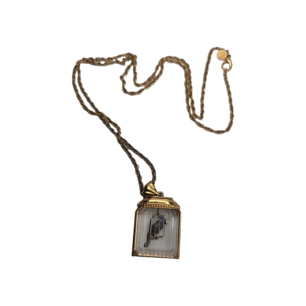 Vintage Reverse Carved Glass Bird Cage Necklace 30.5" Long Gold Tone Costume